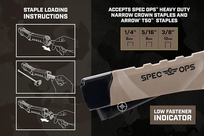 Spec Ops Tools Heavy Duty Hammer Tacker for Manual Stapling, Construction, Insulation & Roofing, Metal Strike Cap, Compatible with 1/4", 5/16" and 3/8" Staples