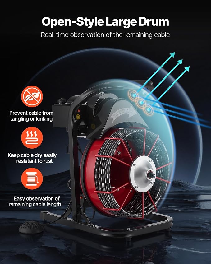 VEVOR 50FT x 1/2 Inch Drain Cleaning Machine, 250W Electric Drain Auger, Portable Sewer Snake Auger Cleaner with Cutters & Air-Activated Foot Switch for 1" to 4" Pipes, Black, Red