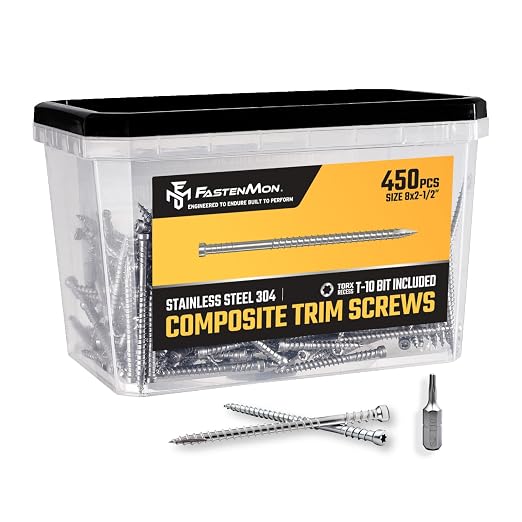 Composite Trim Screws, #8 x 2-1/2” Stainless Steel 304, 450pcs | Hidden Fastener For PVC & Wood, Outdoor Deck, Exterior & Finish Fasteners, Rust-Resistant, T-10 Star Drive, 3.4lbs