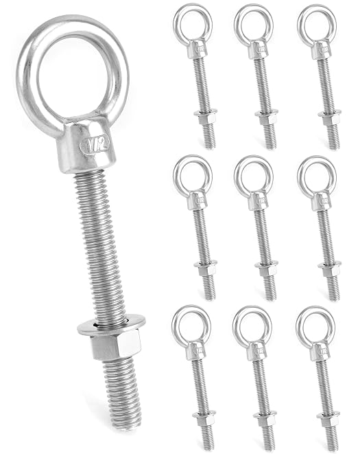 QWORK 304 Stainless Steel Shoulder Eye Bolts 1/2"x4", 10 Pcs Safe Threaded Connection for Marine, Workshop & Outdoor Use