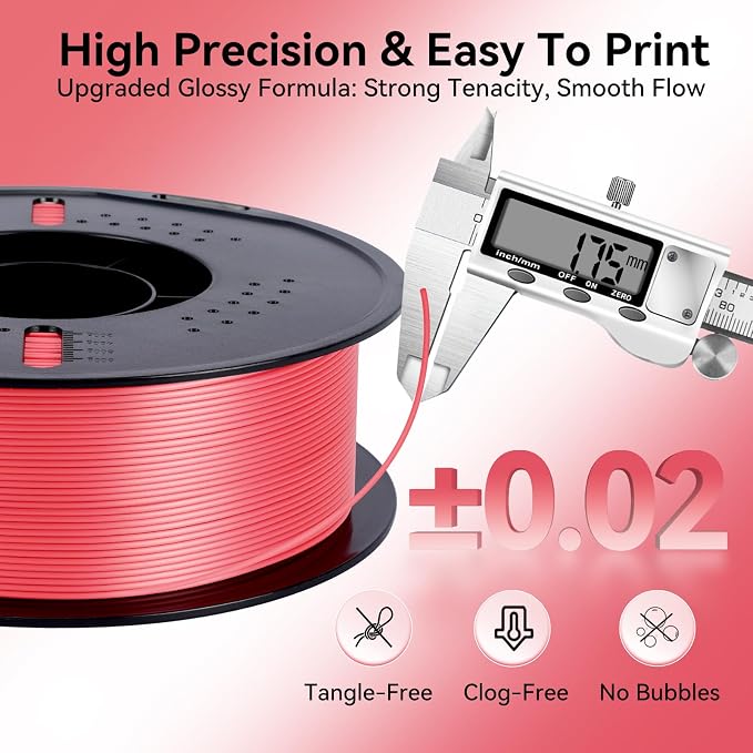 Kingroon Silk PLA 3D Printer Filament, Dimensional Accuracy +/- 0.03 mm, 1 kg Spool(2.2lbs), PLA Shiny Filament 1.75 mm (Red)