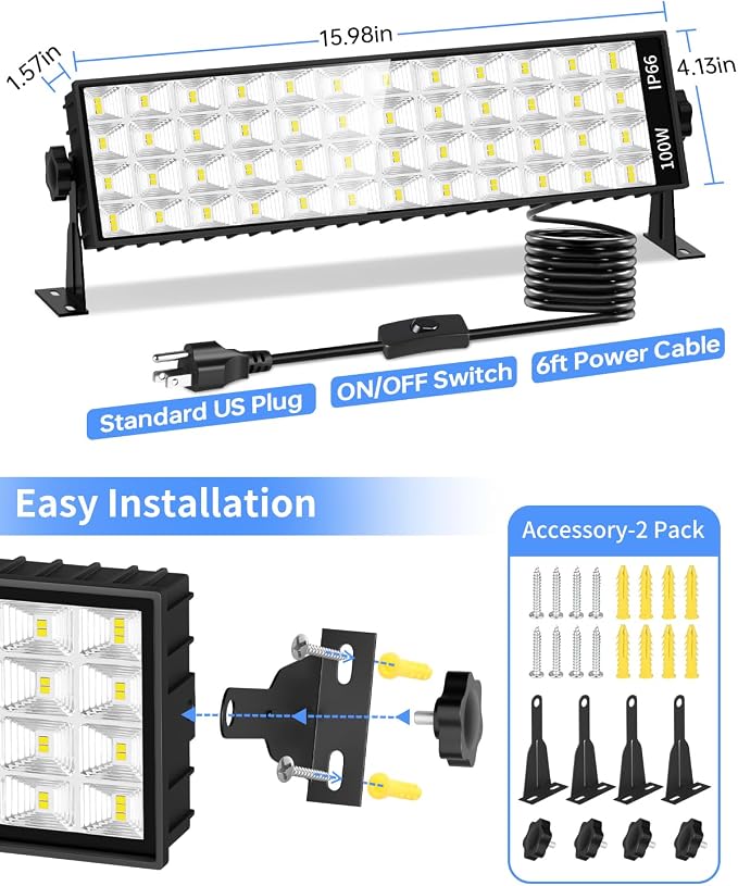 2 Pack LED Shop Light, 100W 11000LM Ultra Brighter, Plug in Garage Light with On/Off Switch + 6FT Cord, 6000K IP66 Waterproof Bay Lighting for Garage Workshop Workbench Warehouse Factory Yard Outdoor