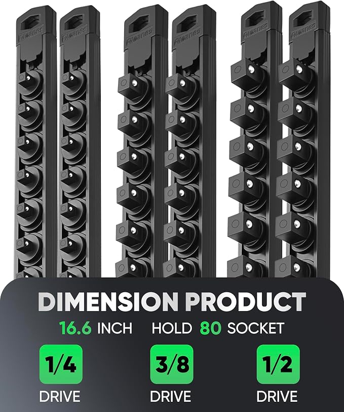 ALOANES Magnetic Socket Organizer Set, 6PC Heavy Duty Aluminum Socket Holder Organizer, 360° Swivel Clips Socket Holder Kit for Toolbox Drawer Fit 1/2, 3/8, 1/4-Inch x 80 Clips (Black, 6PC)