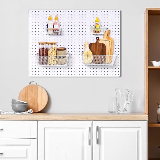 Sieral 4 Pcs Pegboard Baskets Metal Wire Shelf Baskets Peg Board Organizer Accessories Wall Mount Organizer Attachments for Garage Workbench Various Tool Accessories, 2 Sizes (White,Small, Large)