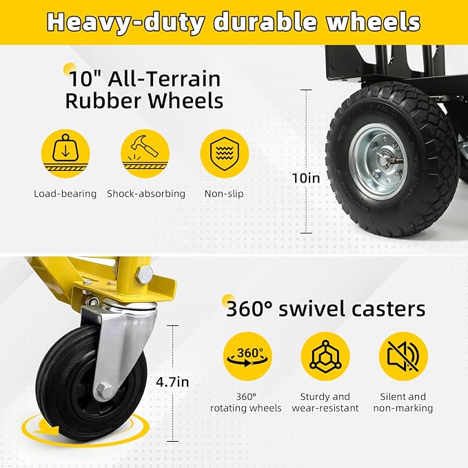4 in 1 Convertible Hand Truck Dolly, 1000Lbs Capacity, Heavy Duty Folding Hand Truck Dolly Cart with Wheels 10" All-Terrain Tires, Hand Trucks for Logistics, Home, Office, School, Yellow