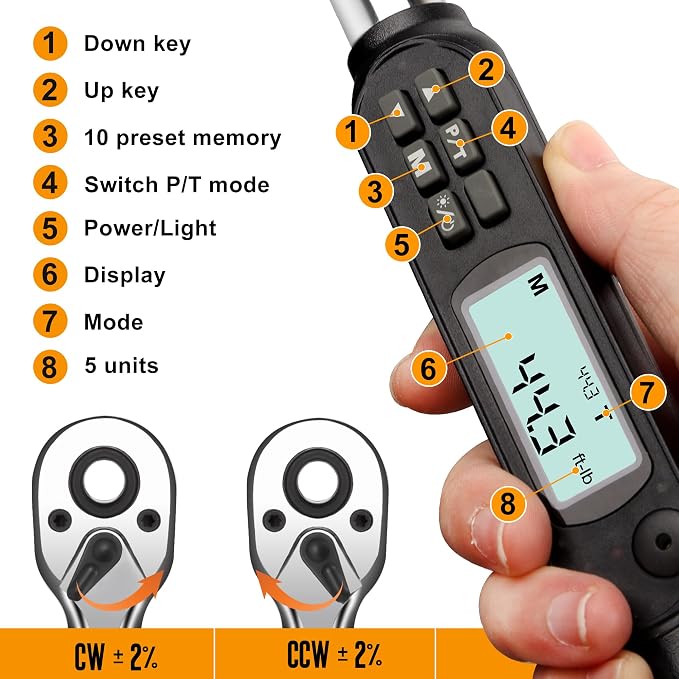 MULWARK 3/8" Digital Torque Wrench Electronic Set, with Buzzer & LED, 2.2-44.3 ft-lbs(3-60 Nm), High Precision Adjustable Bike Torque Wrenches Car Repairing Tool Calibrated with Storage Case