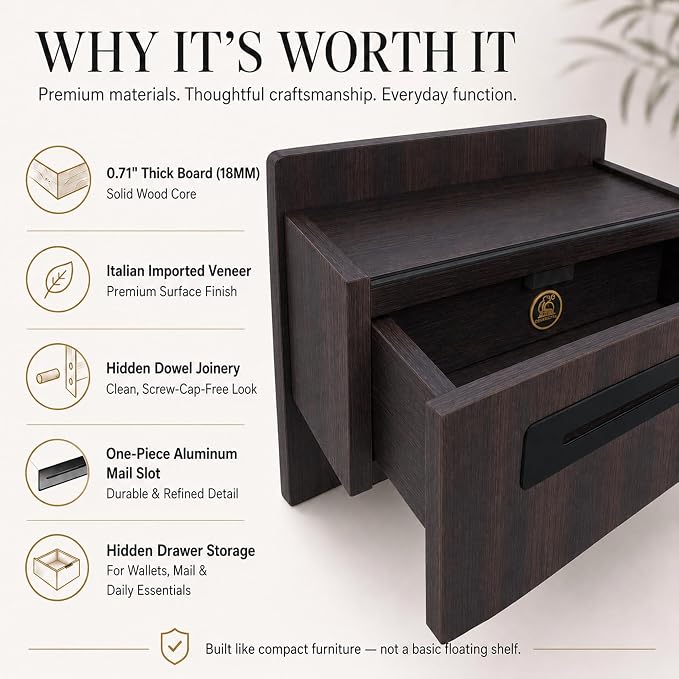 Floating Shelf with Drawer & Hooks, Entryway Organizer with Sensor Light | Italian Wood Veneer, Hidden Drawer, 4 Matte Black Hooks & Warm Sensor Light for Mail, Keys, Wallets, Coats & Daily Essentials