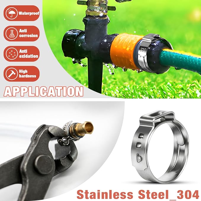 AKIHISA 300pcs 16 Sizes Single Ear Hose Clamps, 5.3-36.1mm Stainless Steel_304 Crimp Hose Clamps Cinch Rings Assortment Kit for Automotive, Pipe, Plumbing