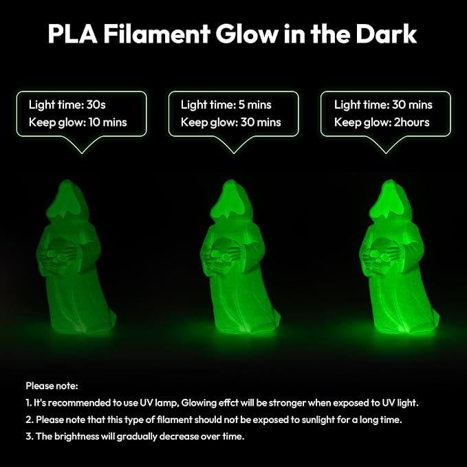AMOLEN Silk Glow in the Dark Filament Multicolor, Glow Filament Silk Green, Blue, Purple, Orange Red 1.75mm PLA Filament, Dimensional Accuracy +/- 0.02 mm, 200g X 4 Pack