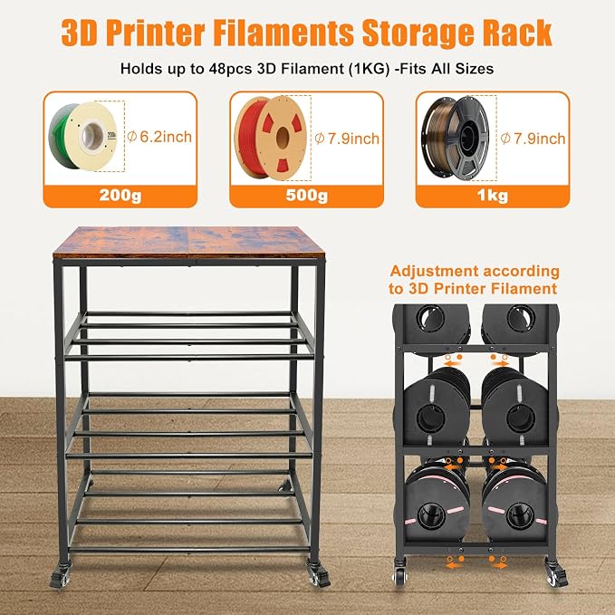 3D Printer Stand with Filament Storage, 4-Tier 3D Printer Table Cart Filament Storage Rack with Wheels, Heavy Duty Metal 3D Printer Desk Shelf for Studio Garage Office Workshop