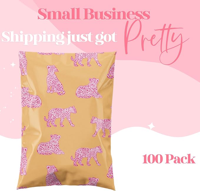 Pretty Package Store 10x13 Designer Poly Mailer 100 Pack Heavy Duty Waterproof Self Seal Shipping Bags for Small Business Large Mailing Envelopes Bulk Tear Resistant Packaging Pink Orange Leopard