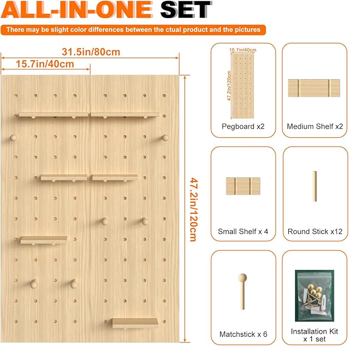 AMSXNOO Wood Pegboard Wall Organizer Panels, Wooden Pegboard Combination Wall Organizer Kit, Display Peg Board Panel Kits for Office Bedroom Livingroom Studyroom (Wooden Color, 31.5X47.2IN/80X120CM)