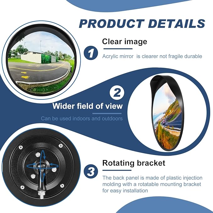 Maitys 2 Pcs Convex Mirror Acrylic Safety Security Traffic Garage Corner Mirror Adjustable Wide Angle View Mirror with Fixing Bracket for Indoor Outdoor School Classroom Warehouse (26 Inch)
