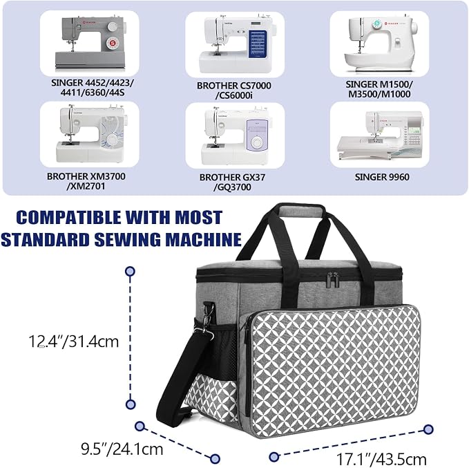 Yarwo Sewing Machine Carrying Case with Thicken Bottom Board, Universal Sewing Machine Tote Compatible with Most Standard Sewing Machine and Accessories, Gray with Grid