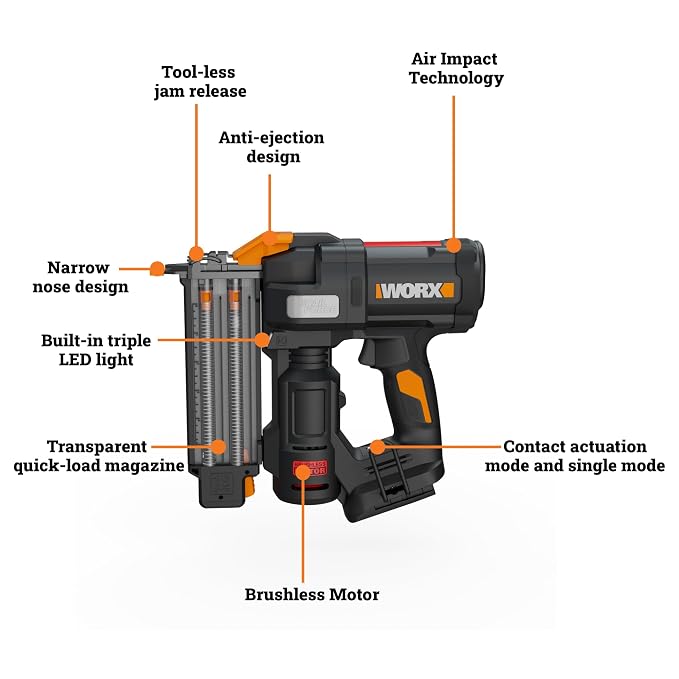 WORX Brad Nailer Cordless, 20V 18 ga Brushless Nail Gun Cordless, High Driving Power, Up to 2-⅛" into Hardwood, Narrow Nose, 3 LEDs, Tool Only, PowerShare WX838L.9
