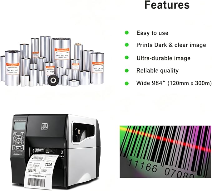 4.33" x 984' Premium Resin Enhanced Wax Ribbon110mm X 300m Thermal Transfer Wax Resin Ribbon,Barcode Thermal Label Printer Ribbon,1'' Core for Zebra, TSC, GoDex, Citizen (1 Roll)