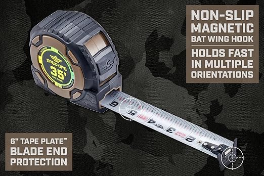 Spec Ops Tools Elite Series Tape Measure for Measuring & Layout, 1 1/4" Double-Sided Blade, Heavy Duty Military-Grade Composite Case, 35 Foot Magnetic + Fractional