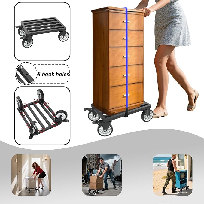 Heavy-Duty Stainless Steel Furniture Dolly, 18'' x 14'' Furniture Mover with 1200LB Capacity, 5'' Swivel Casters & Tie-Down Straps for Secure Transport