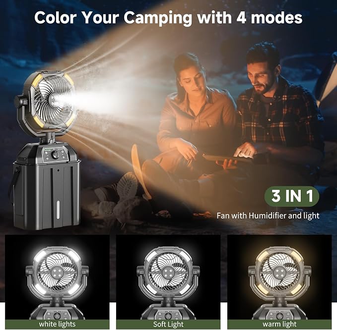 Portable Misting Fan Rechargeable for Hot Weather - 9-inch Auto Swivel Camping Fan with 25000mAh USB Battery as Power Bank, Outdoor fan with 4 Mist Cooler, 7L Bucket for Patio,Yard,Beach,Golf (Black)