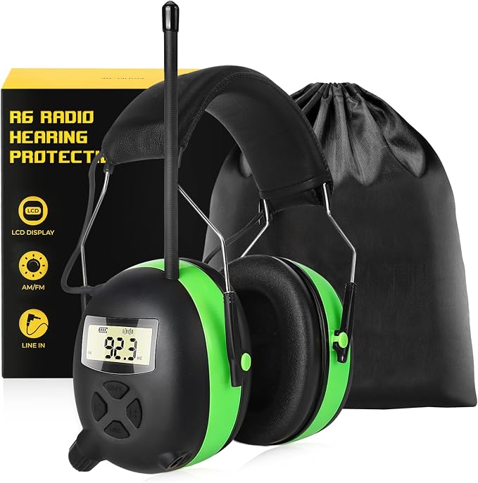 BJKing AM/FM Radio Headphones with Digital Display, 30dB AM FM Hearing Protection Safety Ear Muff, Ear Protection Headphone for Mowing, Landscaping, Shooting and Construction Black-Green