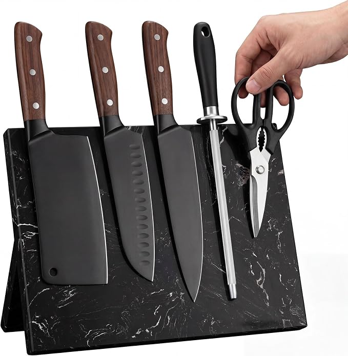 Magnetic Knife Block Marble Black Magnetic Knife Holder Heavy Duty Knives Block Stand with Strong Magnets for Countertop Kitchen Storage, 8.46 x 10.24 Inches