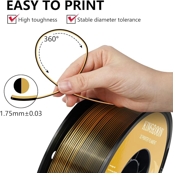 Kingroon PLA Filament, Multicolor Silk PLA Filament, Dual Color 3D Printer Filament, 1.75 mm, Dimensional Accuracy +/- 0.03 mm, 1kg Spool(2.2lbs), Black Gold