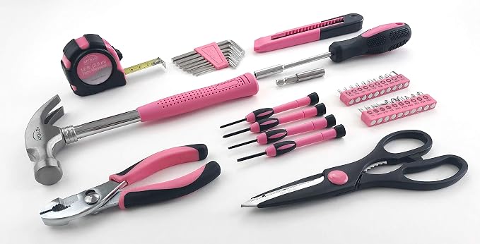 Apollo Tools Original 39 Piece General Household Tool Set in Toolbox Storage Case with Essential Hand Tools for Everyday Home Repairs, DIY and Crafts - Pink Ribbon - DT9706P
