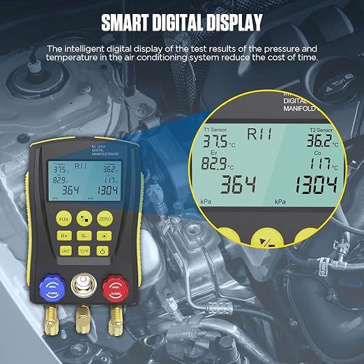 Digital HVAC Manifold Gauge Set,Refrigeration AC Gauges with Thermometer Clamps & Tricolor Hose, Dual Temp & Pressure Sensors for Vacuum & Leak Test,R134a R410a R32 R1234 Refrigerant Recharge Kit