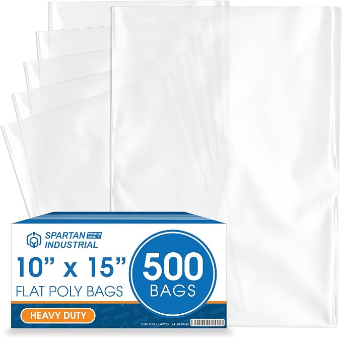 10" X 15" Open-End Flat Poly Bags (500 Count) - 2 Mil Plastic Clear Bags for Packaging, Shipping, Storage - No Adhesive Strip - Spartan Industrial