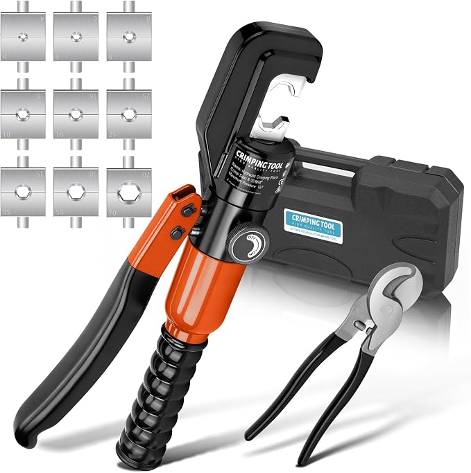 Hydraulic Crimping Tool Set with Cable Cutter, 10 Tons Battery Cable Crimper Tool with 12 AWG to 00 (2/0), Terminal Cable Wire Tool Kit with 9 Die (12awg~00awg Crimping Tool), Orange