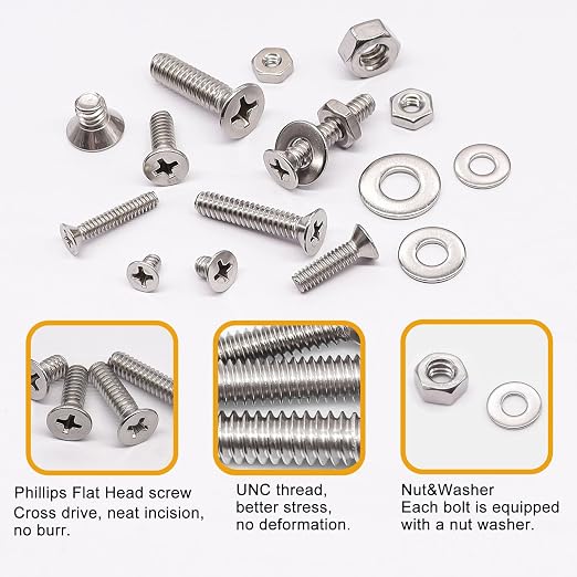 weideer 750PCS Nuts and Bolts Assortment Kit,Stainless Steel Machine Screws, #6-32#8-32#10-24#1/4-20Phillips Flat Head Screws Assorted with Nuts, Bolts,Washers