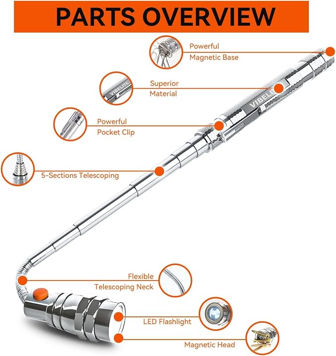 Extendable Magnetic Flashlight with Telescoping Magnet Pickup Tool-Cool Gadget, Fathers Day Dad Gifts, Birthday Gifts for Men, Dad, Husband, Him, Father, Mechanic, Boyfriend, Women, Silver, 2 Pack