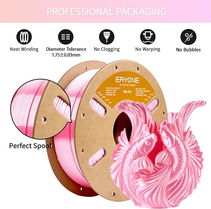 ERYONE Silk PLA Filament for 3D Printer 1.75mm +/- 0.03mm, Shiny Filament 1kg (2.1lbs)/Spool, Silk Pink