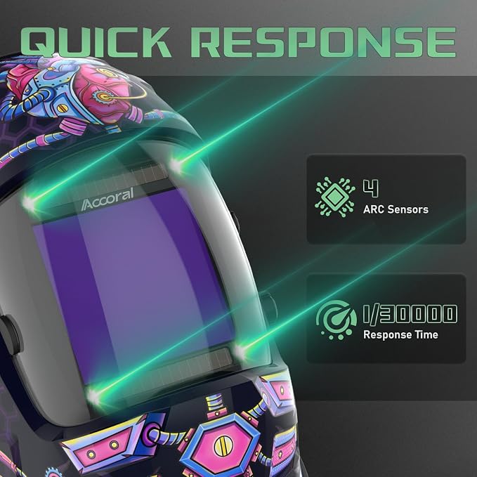 3.94" x 3.66" Large Viewing Hemispherical lense Welding Helmet, 1/1/1/1 True Color Auto Darkening Welding Hood, 4 Arc Sensor Wide Shade 4/5-9/9-13 for TIG, MIG, ARC, CUT, Grind, Mecha Style