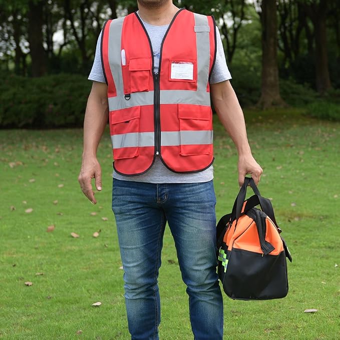 zojo High Visibility Safety Vests With Pockets, Wholesale Reflective Vest for Outdoor Works, Cycling, Jogging, Walking,Sports - Fits for Men and Women (Pack of 10, XL-Red)