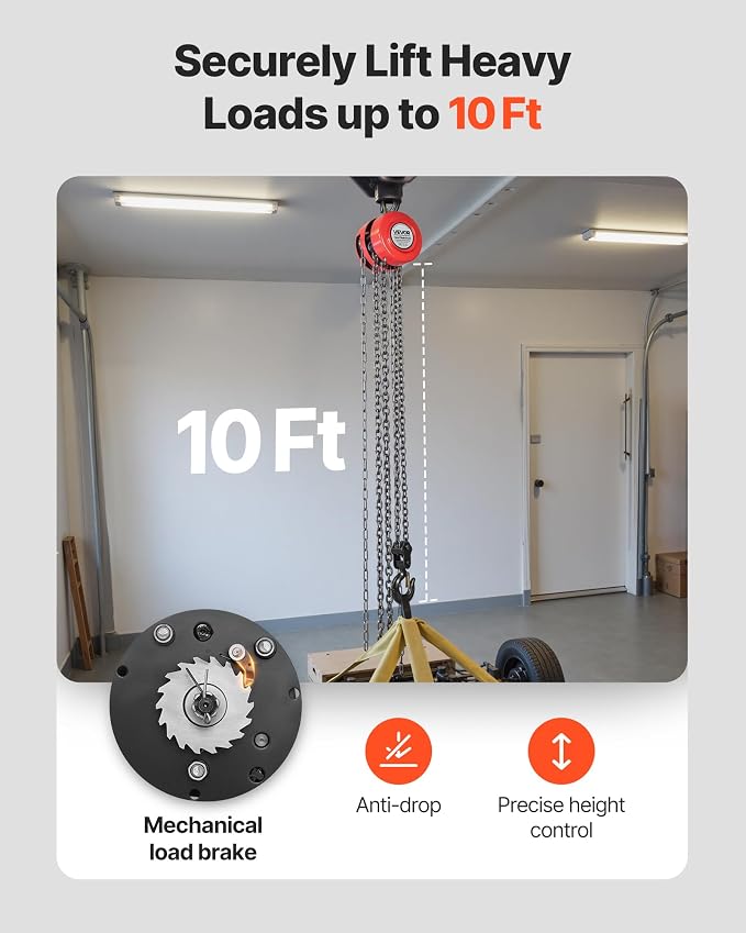 VEVOR Hand Chain Hoist, 2 Ton 4400 lbs Capacity, Manual Chain Block with Upgrade G70 Galvanized Chain, 10 ft Lifting Height, Heavy Duty Pulley Hoist for Garage Warehouse Automotive Machinery, Red