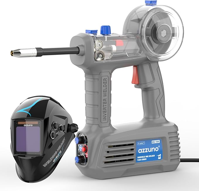 AZZUNO 100A Handheld MIG Welder & Welding Helmet Auto Darkening with True Color Large Viewing 3.94"×3.82", 110V Gasless MIG Welding Machine, Portable Wire Feed MIG Welder Machine