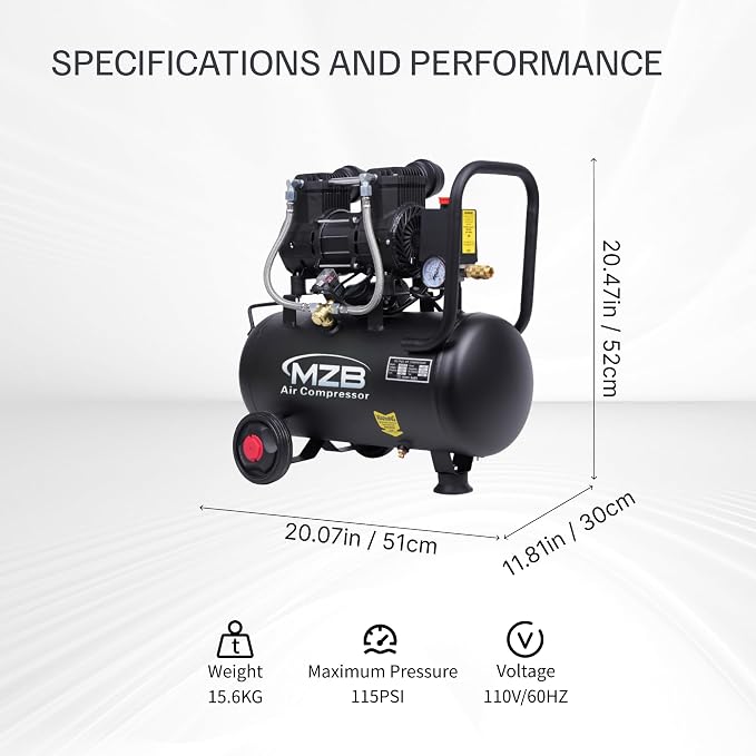 MZB 6.4 Gallon Ultra Quiet Air Compressor 110V/60Hz Steel Tanks Oil-Free 70dB Noise Level Air Compressor with Wheels for Spray Painting, Auto Repair, Carpentry Decoration