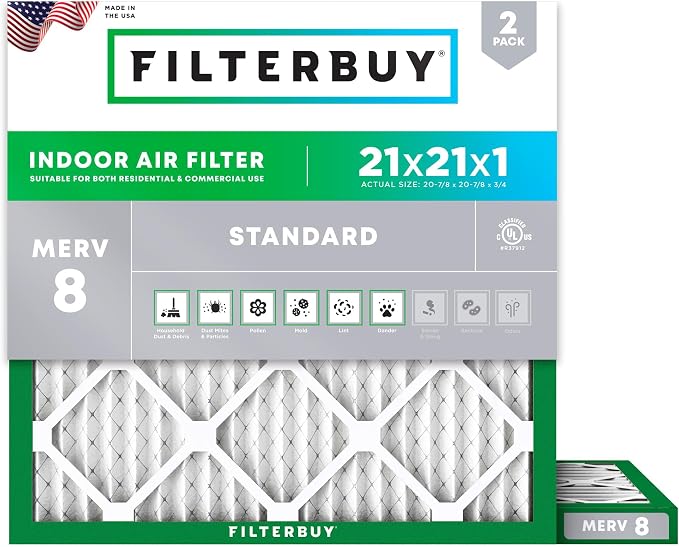 Filterbuy 21x21x1 Air Filter MERV 8 Essential Dust & Allergy Defense (2-Pack), Electrostatic Pleated HVAC AC Furnace Filters Replacement, Made in USA (Actual Size: 20.88 x 20.88 x 0.75)