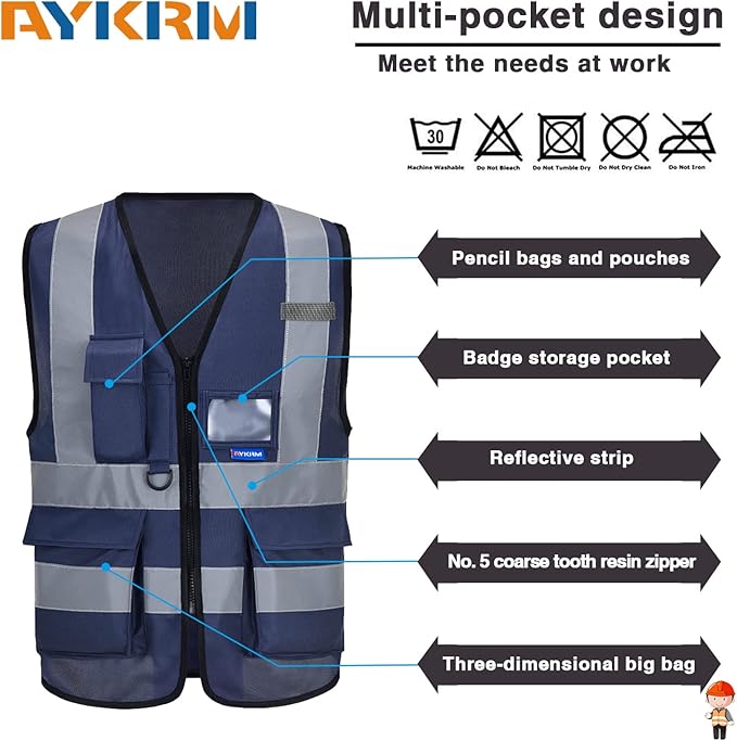 A-SAFETY navy blue work vest | Navy 3XL Polyester work vest with reflective strips, mic tabs and 7 pockets for safety supervision; available in 21 colors.