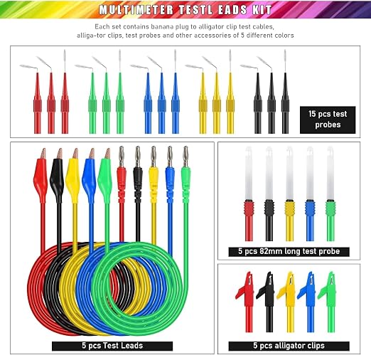 30PCS Back Probe Kit, Banana Plug to Copper Alligator Clip Automotive Test Leads Set with Alligator Clips & Wire Piercing Probes, 15PCS 30V Back Probe Pins for Car Repairing Diagnostic Circuit Testing