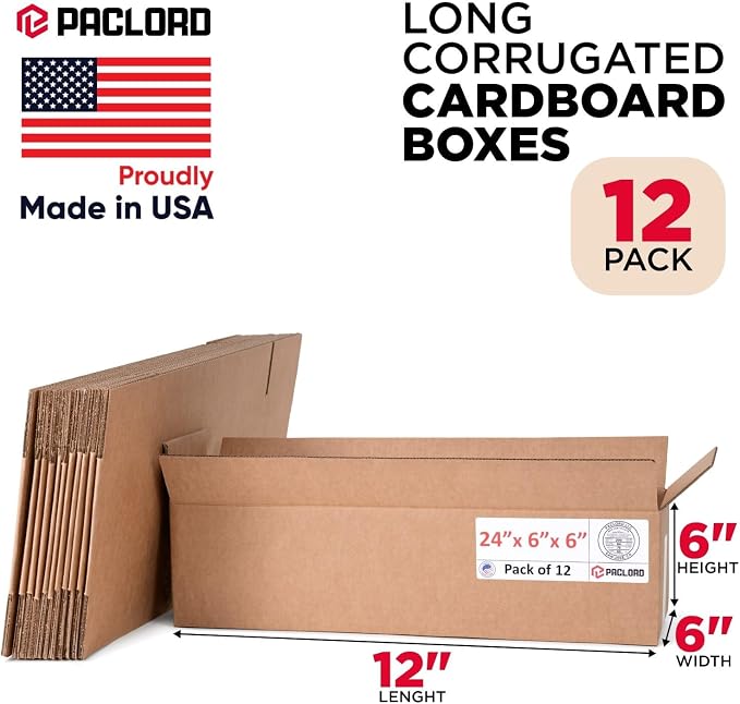 Long Cardboard Boxes 24"L x 6"W x 6"H (Pack of 12) - USA-Made Packing Boxes for Moving, Shipping, or Storage - USPS, UPS, FedEx Approved - Professional Packing Supplies for Moving | USA-Made Packing Boxes for Moving, Shipping, or Storage - USPS, UPS, F...