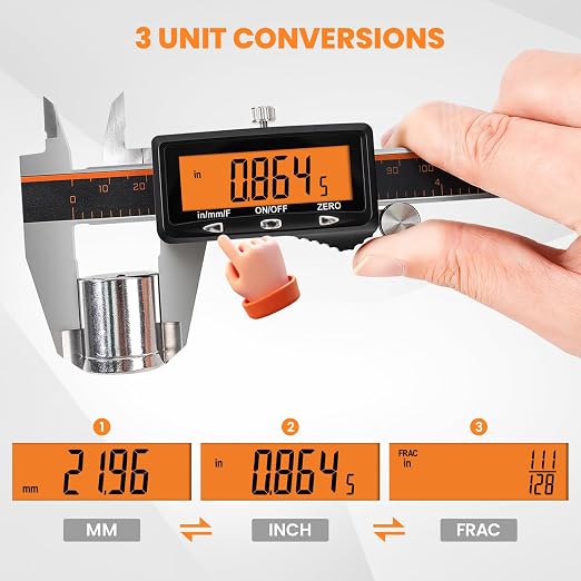 HARDELL Rechargeable Digital Caliper, 12 Inch Calipers with Large Orange Screen (No-Backlight), Auto-Off, Quick Change Button for Inch/MM/Fraction, Stainless Steel Vernier Caliper for Woodworking