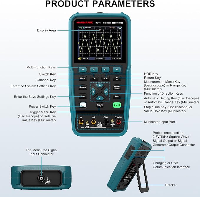 HANMATEK 3 in 1 Handheld Oscilloscope Multimeter,Waveform Generator HO51 with 3.5" TFT Oscilloscop, Auto-Calibration Function, Memory Function, Multi Tester