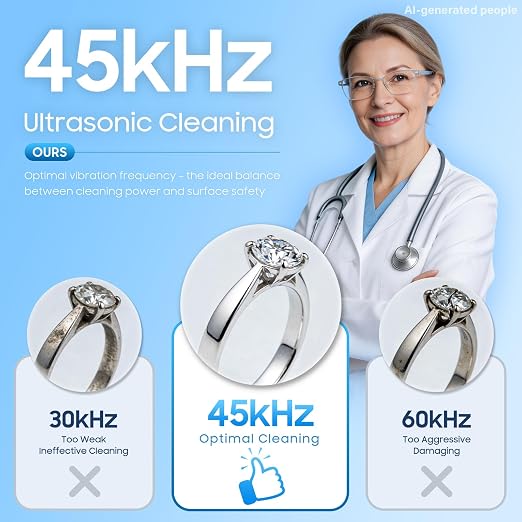 Ultrasonic Jewelry Cleaner with 45kHz for Rings, Glasses & Retainers | Deep Cleans Sliver, Necklace, Earring & Watch, 3 Power & 5 Timer Settings, Includes 2 Cleaning Solutions, 35W with Degas Mode