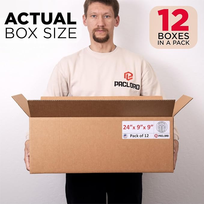 Long Cardboard Boxes 24"L x 9"W x 9"H (Pack of 12) - USA-Made Packing Boxes for Moving, Shipping, or Storage - USPS, UPS, FedEx Approved - Professional Packing Supplies for Moving | USA-Made Packing Boxes for Moving, Shipping, or Storage - USPS, UPS, F...