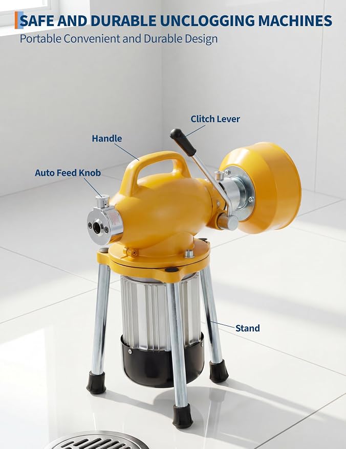Portable Drain Cleaning Machine, 500w Auto Feed Electric Drain Cleaner Machine Auger Sewer Snake with 66 FT x 5/8" & 16 FT x 3/5" Steel Cables & 6 Cutters for Kitchen Bathroom 1.6"-4" Pipes
