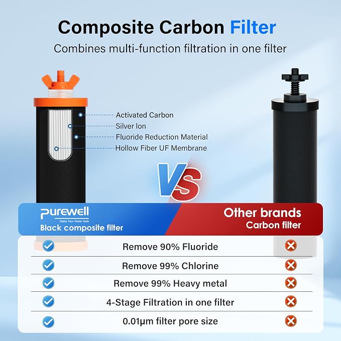 Purewell PF-3-FL Black 4-Stage Composite Carbon and Fluoride Reduction Filters, Compatible with Berlkey® Big+, ProOne® Big+ Gravity Water Filter Systems and Purewell Systems (2 Pack, K Series)