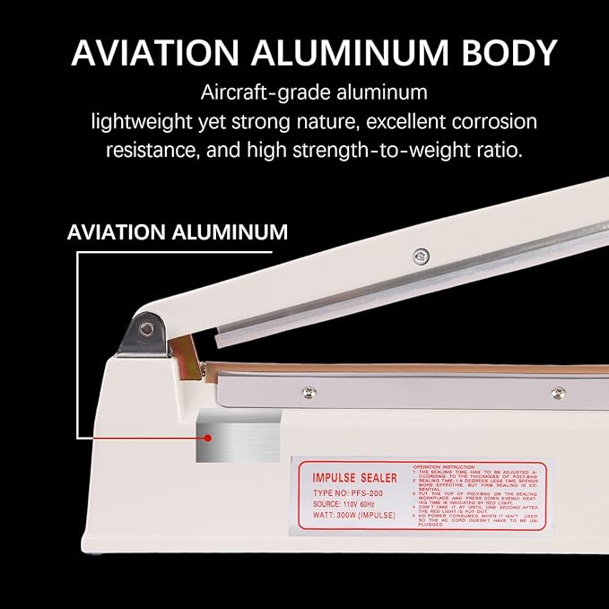 8 Inch Commercial Impulse Bag Heat Sealer Machine | Compact portable heavy duty manual heat sealer with 3mm strip. Solid aluminum build for PE/PP, coffee & snack food bags.