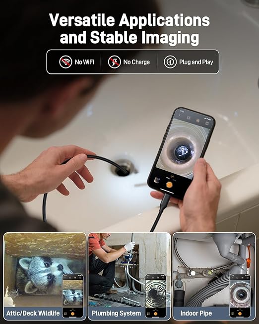 Anykit Endoscope Camera with Light, 1920P HD Borescope with 8 Adjustable LED Lights, Semi-Rigid Snake Camera with Light, IP67 Waterproof Inspection Cam for iPhone & Android, 16.5 ft Single Lens